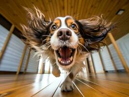 conteúdo cachorro desfrutando dentro a vivo quarto chão ai generativo foto