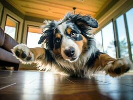 conteúdo cachorro desfrutando dentro a vivo quarto chão ai generativo foto