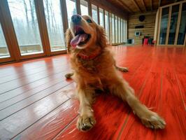 conteúdo cachorro desfrutando dentro a vivo quarto chão ai generativo foto