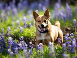 curioso cachorro explorando uma campo do florescendo flores silvestres ai generativo foto