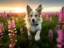 curioso cachorro explorando uma campo do florescendo flores silvestres ai generativo foto