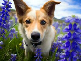 curioso cachorro explorando uma campo do florescendo flores silvestres ai generativo foto