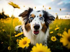 curioso cachorro explorando uma campo do florescendo flores silvestres ai generativo foto