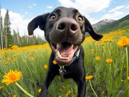 curioso cachorro explorando uma campo do florescendo flores silvestres ai generativo foto