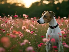 curioso cachorro explorando uma campo do florescendo flores silvestres ai generativo foto