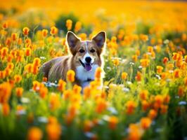 curioso cachorro explorando uma campo do florescendo flores silvestres ai generativo foto