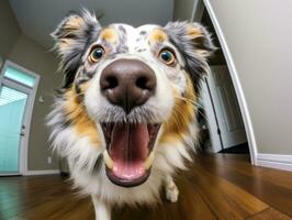 conteúdo cachorro desfrutando dentro a vivo quarto chão ai generativo foto