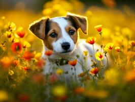 curioso cachorro explorando uma campo do florescendo flores silvestres ai generativo foto