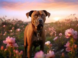 curioso cachorro explorando uma campo do florescendo flores silvestres ai generativo foto