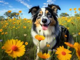 curioso cachorro explorando uma campo do florescendo flores silvestres ai generativo foto