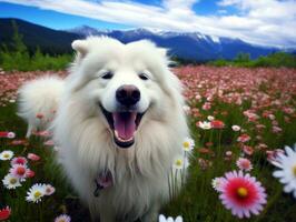 curioso cachorro explorando uma campo do florescendo flores silvestres ai generativo foto