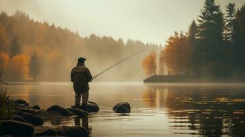 generativo ai, pescaria com varas em outono panorama perto a rio, pescador com fiação, silenciado cores foto