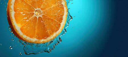 generativo ai, fresco laranja macro, fatia dentro água respingo, laranja e azul turquesa cores foto