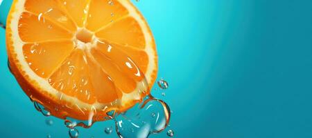 generativo ai, fresco laranja macro, fatia dentro água respingo, laranja e azul turquesa cores foto