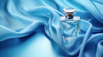 generativo ai, garrafa do perfume em uma azul seda fundo. vidro frasco com azul fragrância embalagem Projeto zombar acima foto