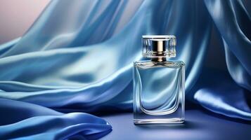 generativo ai, garrafa do perfume em uma azul seda fundo. vidro frasco com azul fragrância embalagem Projeto zombar acima foto