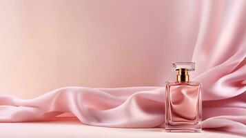 generativo ai, garrafa do perfume em uma Rosa seda fundo. vidro frasco com Rosa fragrância embalagem Projeto zombar acima foto