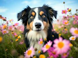 curioso cachorro explorando uma campo do florescendo flores silvestres ai generativo foto