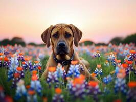 curioso cachorro explorando uma campo do florescendo flores silvestres ai generativo foto