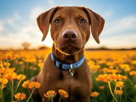 curioso cachorro explorando uma campo do florescendo flores silvestres ai generativo foto