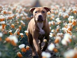 curioso cachorro explorando uma campo do florescendo flores silvestres ai generativo foto