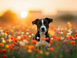 curioso cachorro explorando uma campo do florescendo flores silvestres ai generativo foto