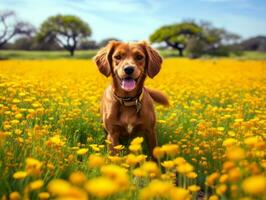 curioso cachorro explorando uma campo do florescendo flores silvestres ai generativo foto