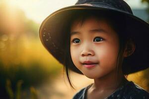 fotografia do chinês pequeno menina com chapéu. gerar ai foto