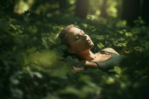 mulher deitado floresta folhas. gerar ai foto