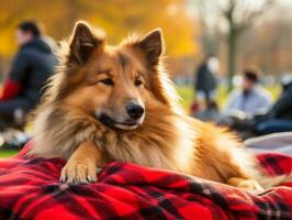 fofo cachorro sentado em uma colorida piquenique cobertor ai generativo foto