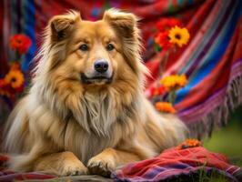 fofo cachorro sentado em uma colorida piquenique cobertor ai generativo foto