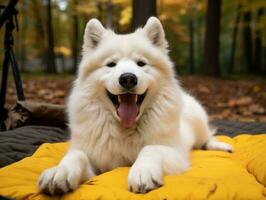 fofo cachorro sentado em uma colorida piquenique cobertor ai generativo foto