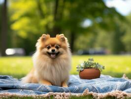 fofo cachorro sentado em uma colorida piquenique cobertor ai generativo foto