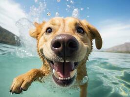 amigáveis cachorro dentro uma Claro azul lago ai generativo foto