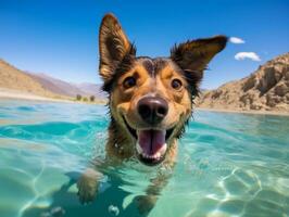 amigáveis cachorro dentro uma Claro azul lago ai generativo foto