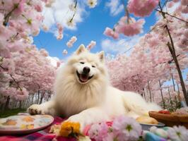 fofo cachorro sentado em uma colorida piquenique cobertor ai generativo foto