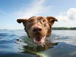 amigáveis cachorro dentro uma Claro azul lago ai generativo foto