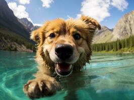 amigáveis cachorro dentro uma Claro azul lago ai generativo foto