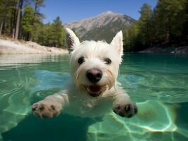 amigáveis cachorro dentro uma Claro azul lago ai generativo foto