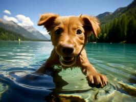 amigáveis cachorro dentro uma Claro azul lago ai generativo foto