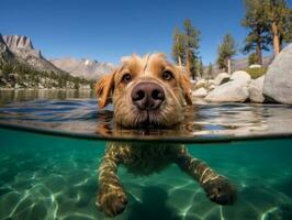 amigáveis cachorro dentro uma Claro azul lago ai generativo foto