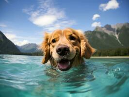 amigáveis cachorro dentro uma Claro azul lago ai generativo foto