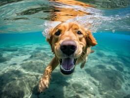 amigáveis cachorro dentro uma Claro azul lago ai generativo foto