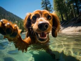 amigáveis cachorro dentro uma Claro azul lago ai generativo foto