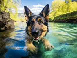 amigáveis cachorro dentro uma Claro azul lago ai generativo foto