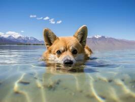 amigáveis cachorro dentro uma Claro azul lago ai generativo foto