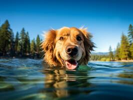 amigáveis cachorro dentro uma Claro azul lago ai generativo foto