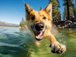 amigáveis cachorro dentro uma Claro azul lago ai generativo foto