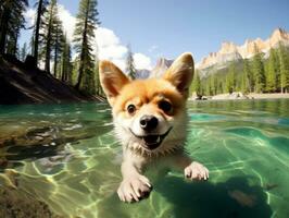 amigáveis cachorro dentro uma Claro azul lago ai generativo foto