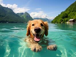 amigáveis cachorro dentro uma Claro azul lago ai generativo foto